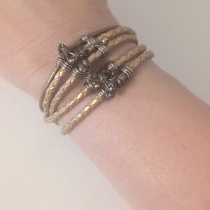 757 Gold Multi Strand Braided Leather Beaded Cuff Bracelet‎